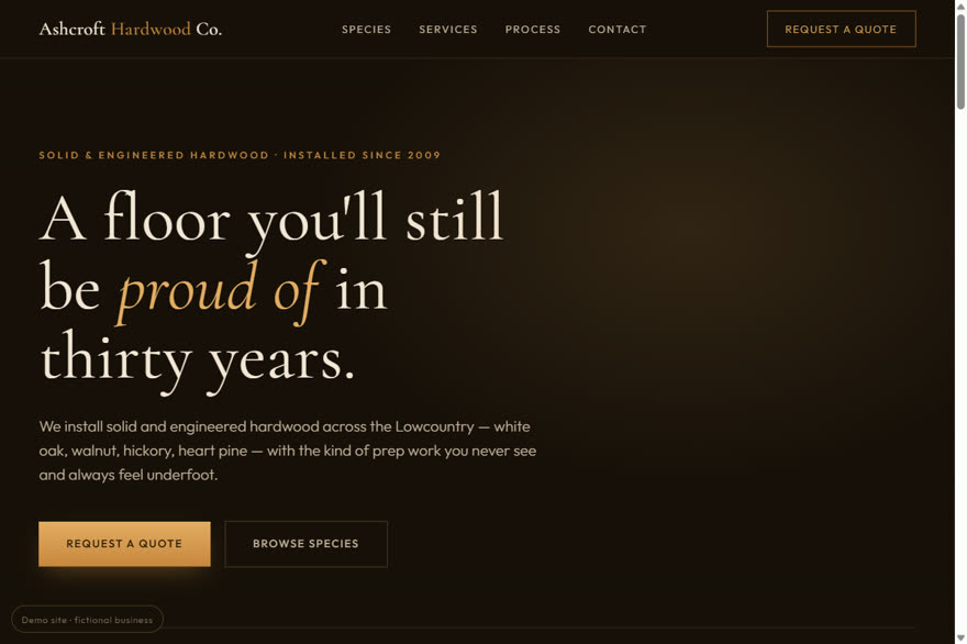 Hardwood flooring demo site, dark ground, serif headline